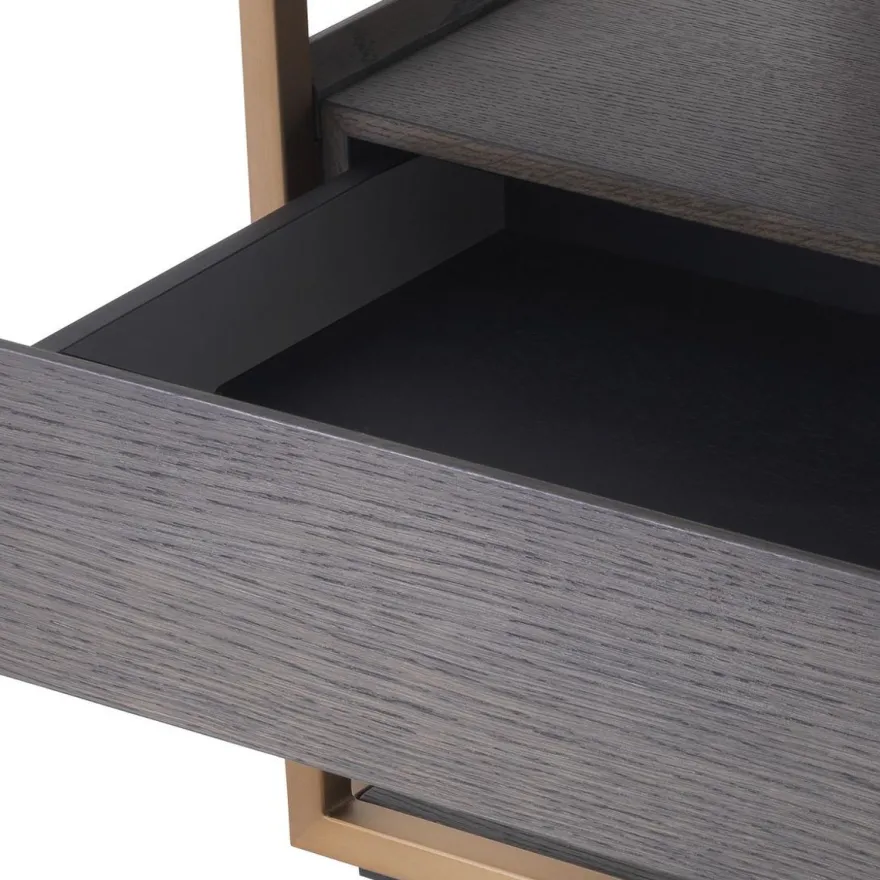 Casa Padrino Luxus Beistelltisch mit Schublade Mokka / Kupfer 65 x 46 x H. 61 cm - Eichenfurnier Nachttisch mit Edelstahl Gestell - Luxus Möbel