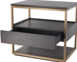 Casa Padrino Luxus Beistelltisch mit Schublade Mokka / Kupfer 65 x 46 x H. 61 cm - Eichenfurnier Nachttisch mit Edelstahl Gestell - Luxus Möbel