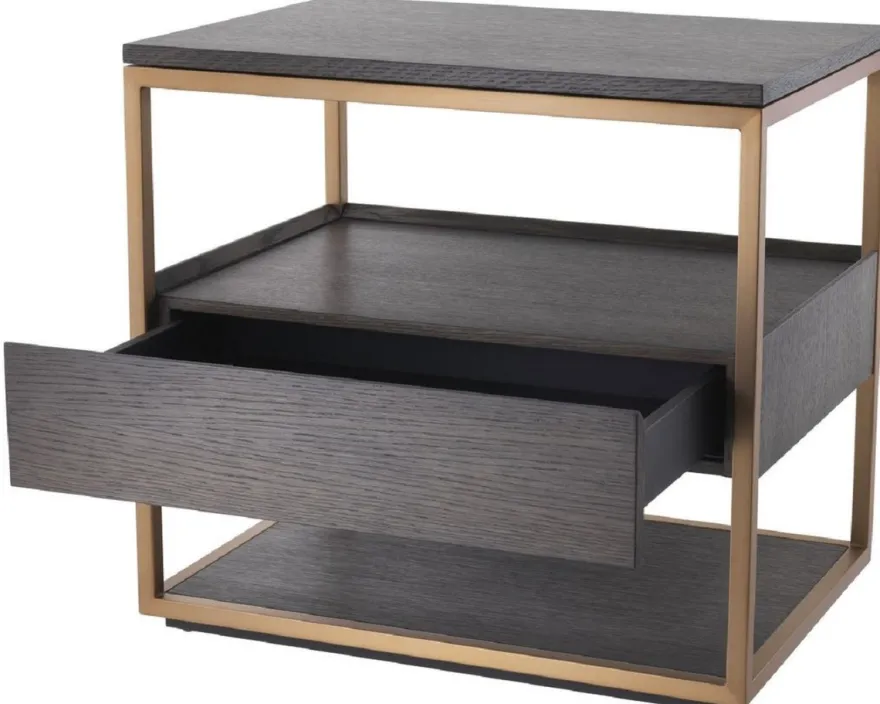 Casa Padrino Luxus Beistelltisch mit Schublade Mokka / Kupfer 65 x 46 x H. 61 cm - Eichenfurnier Nachttisch mit Edelstahl Gestell - Luxus Möbel