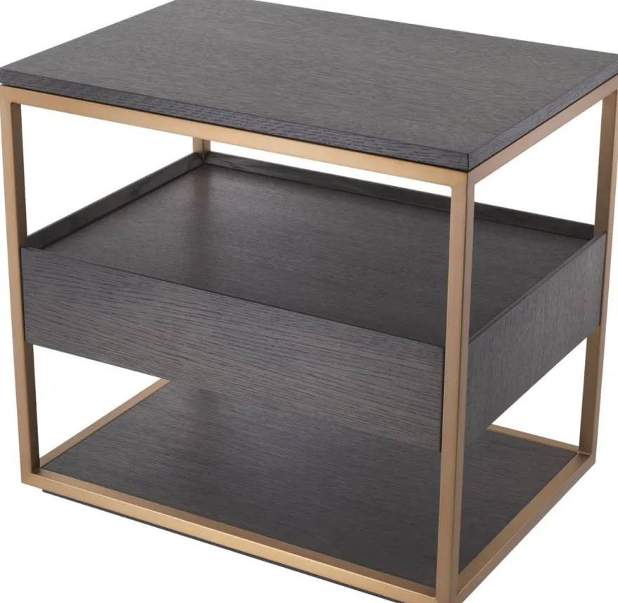 Casa Padrino Luxus Beistelltisch mit Schublade Mokka / Kupfer 65 x 46 x H. 61 cm - Eichenfurnier Nachttisch mit Edelstahl Gestell - Luxus Möbel