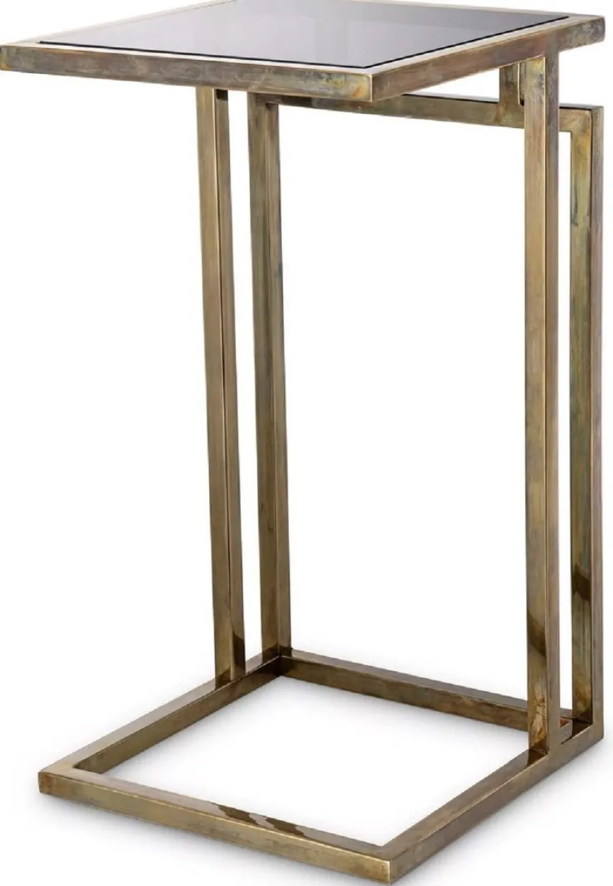 Casa Padrino Luxus Beistelltisch Vintage Messing / Grau 33 x 33 x H. 60 cm - Edelstahl Tisch mit Glasplatte - Wohnzimmer Möbel - Luxus Möbel - Luxus Einrichtung - Luxus Interior