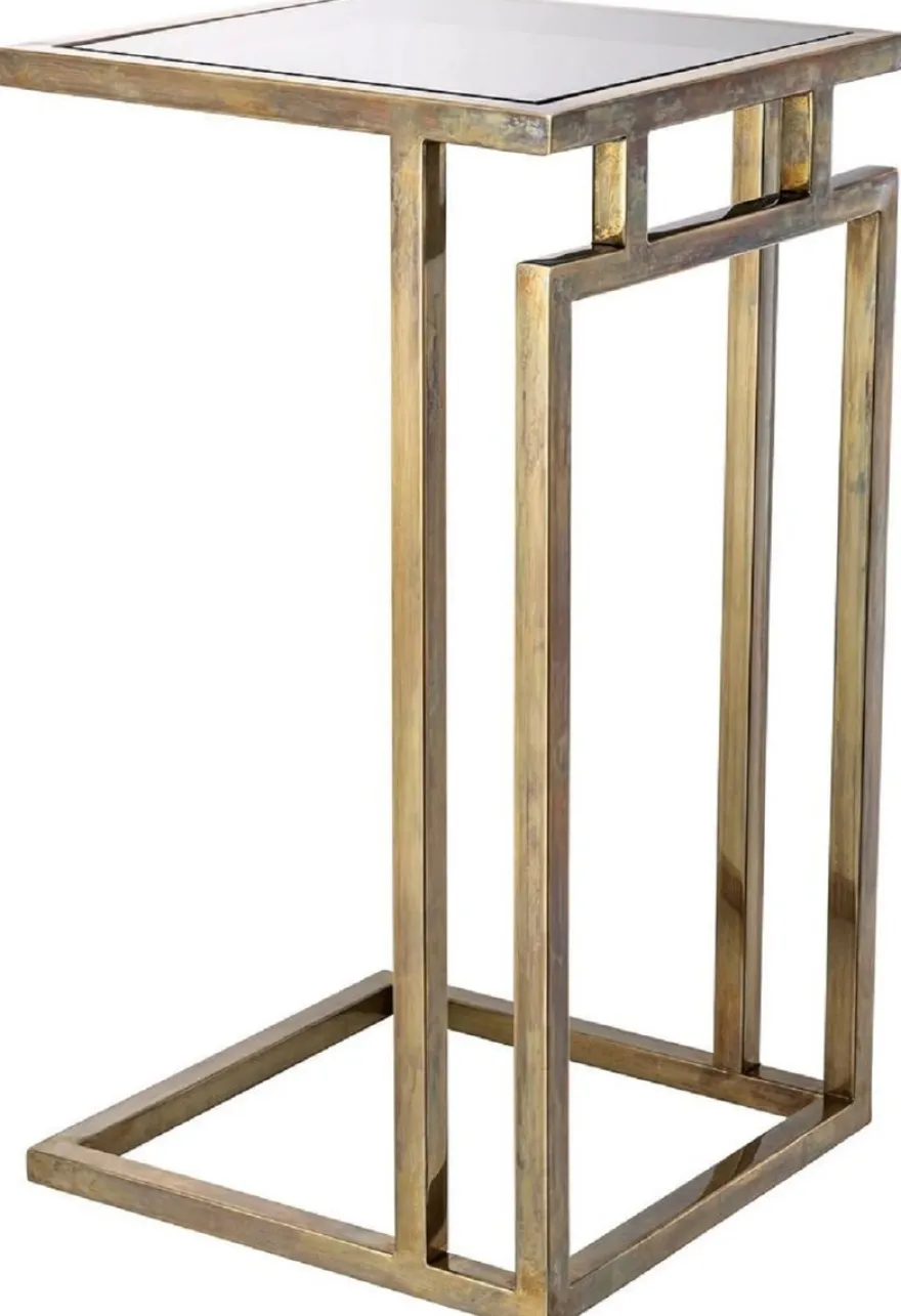 Casa Padrino Luxus Beistelltisch Vintage Messing / Grau 33 x 33 x H. 60 cm - Edelstahl Tisch mit Glasplatte - Wohnzimmer Möbel - Luxus Möbel - Luxus Einrichtung - Luxus Interior