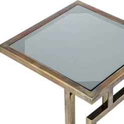 Casa Padrino Luxus Beistelltisch Vintage Messing / Grau 33 x 33 x H. 60 cm - Edelstahl Tisch mit Glasplatte - Wohnzimmer Möbel - Luxus Möbel - Luxus Einrichtung - Luxus Interior