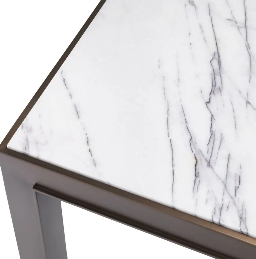 Casa Padrino Luxus Beistelltisch Antik Messingfarben / Weiß / Lila 65 x 65 x H. 51,5 cm - Edelstahl Tisch mit Marmorplatte - Wohnzimmer Möbel - Luxus Möbel