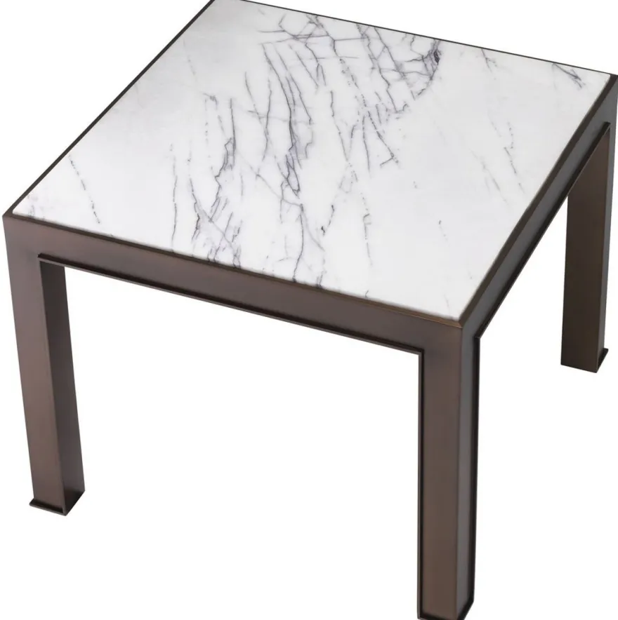 Casa Padrino Luxus Beistelltisch Antik Messingfarben / Weiß / Lila 65 x 65 x H. 51,5 cm - Edelstahl Tisch mit Marmorplatte - Wohnzimmer Möbel - Luxus Möbel