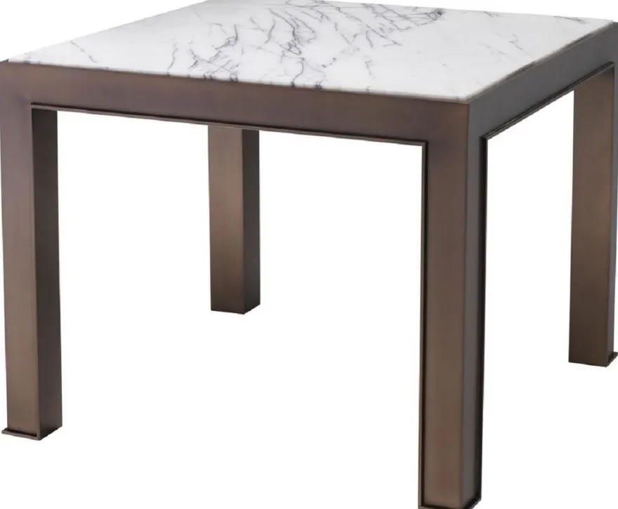 Casa Padrino Luxus Beistelltisch Antik Messingfarben / Weiß / Lila 65 x 65 x H. 51,5 cm - Edelstahl Tisch mit Marmorplatte - Wohnzimmer Möbel - Luxus Möbel
