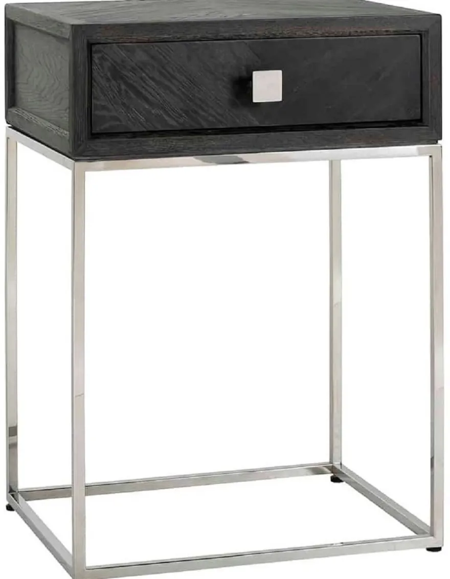Casa Padrino Luxus Beistelltisch Schwarz / Silber 50 x 40 x H. 71 cm - Massivholz Nachttisch mit Schublade und Edelstahl Gestell - Luxus Schlafzimmer Möbel