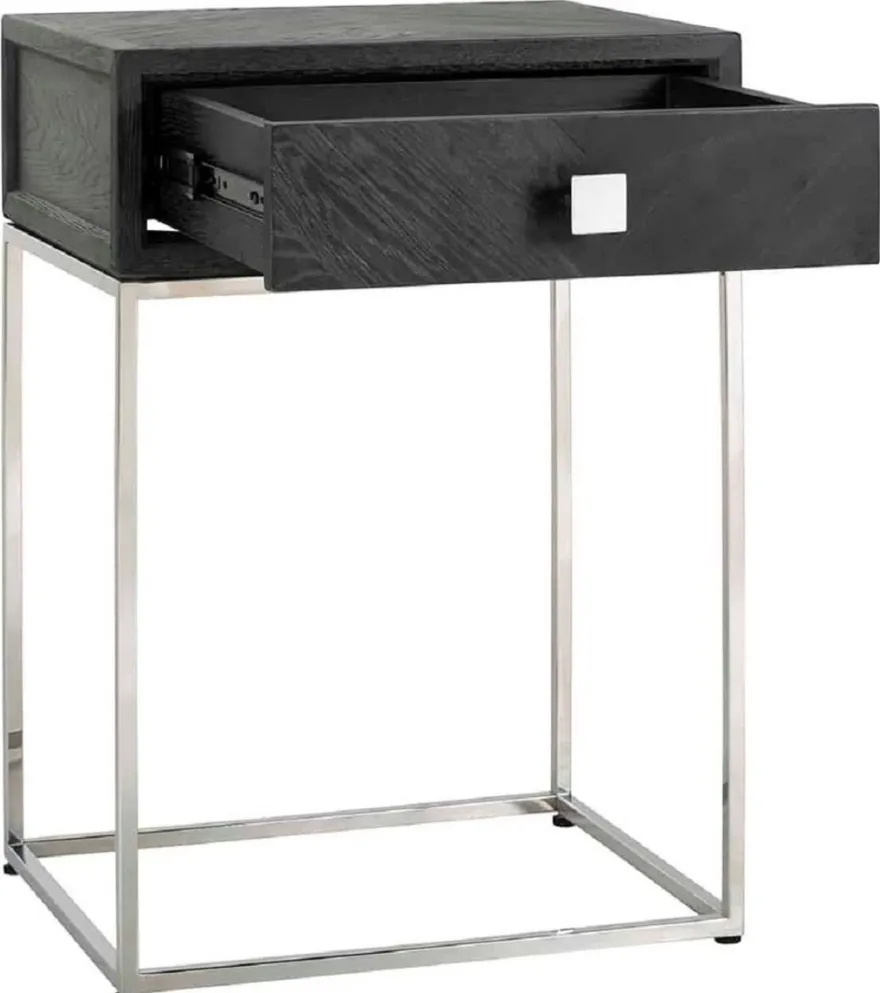 Casa Padrino Luxus Beistelltisch Schwarz / Silber 50 x 40 x H. 71 cm - Massivholz Nachttisch mit Schublade und Edelstahl Gestell - Luxus Schlafzimmer Möbel