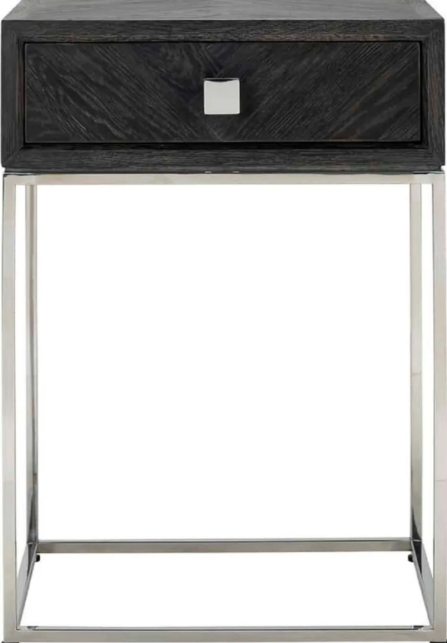 Casa Padrino Luxus Beistelltisch Schwarz / Silber 50 x 40 x H. 71 cm - Massivholz Nachttisch mit Schublade und Edelstahl Gestell - Luxus Schlafzimmer Möbel