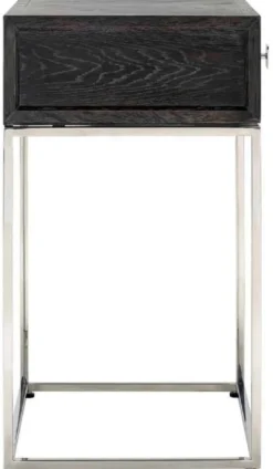 Casa Padrino Luxus Beistelltisch Schwarz / Silber 50 x 40 x H. 71 cm - Massivholz Nachttisch mit Schublade und Edelstahl Gestell - Luxus Schlafzimmer Möbel