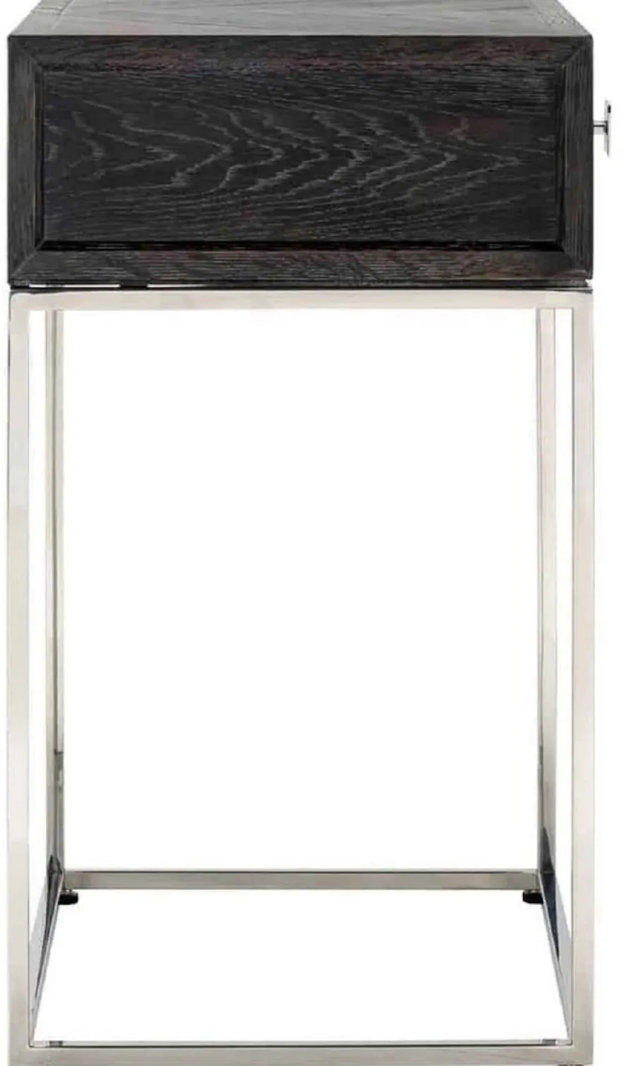 Casa Padrino Luxus Beistelltisch Schwarz / Silber 50 x 40 x H. 71 cm - Massivholz Nachttisch mit Schublade und Edelstahl Gestell - Luxus Schlafzimmer Möbel