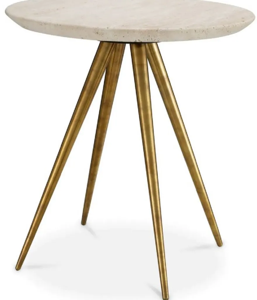 Casa Padrino Luxus Beistelltisch mit Travertin Tischplatte Beige / Vintage Messing Ø 45,5 x H. 47,5 cm