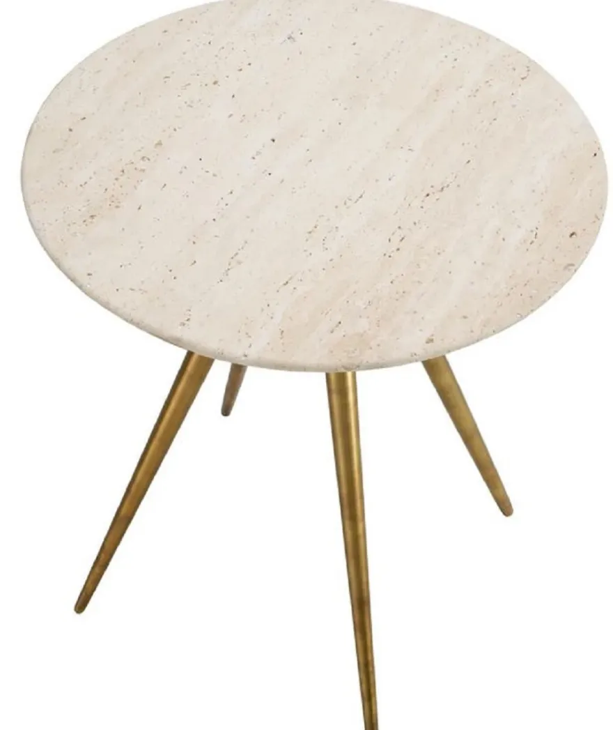 Casa Padrino Luxus Beistelltisch mit Travertin Tischplatte Beige / Vintage Messing Ø 45,5 x H. 47,5 cm