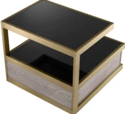 Casa Padrino Luxus Beistelltisch Messing / Grau / Schwarz 70 x 75 x H. 58 cm - Wohnzimmer Beistelltisch mit 2 Schubladen und 2 Glasplatten - Wohnzimmer Möbel - Luxus Möbel - Luxus Einrichtung