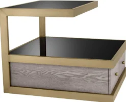 Casa Padrino Luxus Beistelltisch Messing / Grau / Schwarz 70 x 75 x H. 58 cm - Wohnzimmer Beistelltisch mit 2 Schubladen und 2 Glasplatten - Wohnzimmer Möbel - Luxus Möbel - Luxus Einrichtung