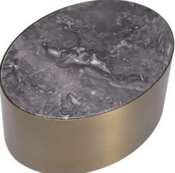 Casa Padrino Luxus Beistelltisch Grau / Messingfarben / Schwarz 65 x 48 x H. 38,5 cm - Ovaler Edelstahl Tisch mit Marmorplatte - Luxus Wohnzimmer Möbel - Luxus Qualität
