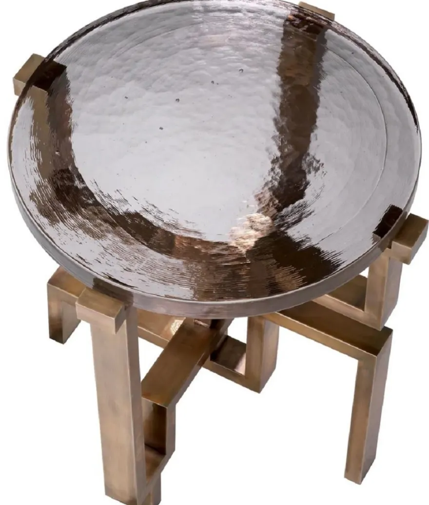 Casa Padrino Luxus Beistelltisch Vintage Messing Ø 57 x H. 56 cm - Runder Edelstahl Tisch mit Glasplatte - Luxus Möbel - Wohnzimmer Möbel - Luxus Einrichtung - Wohnzimmer Einrichtung