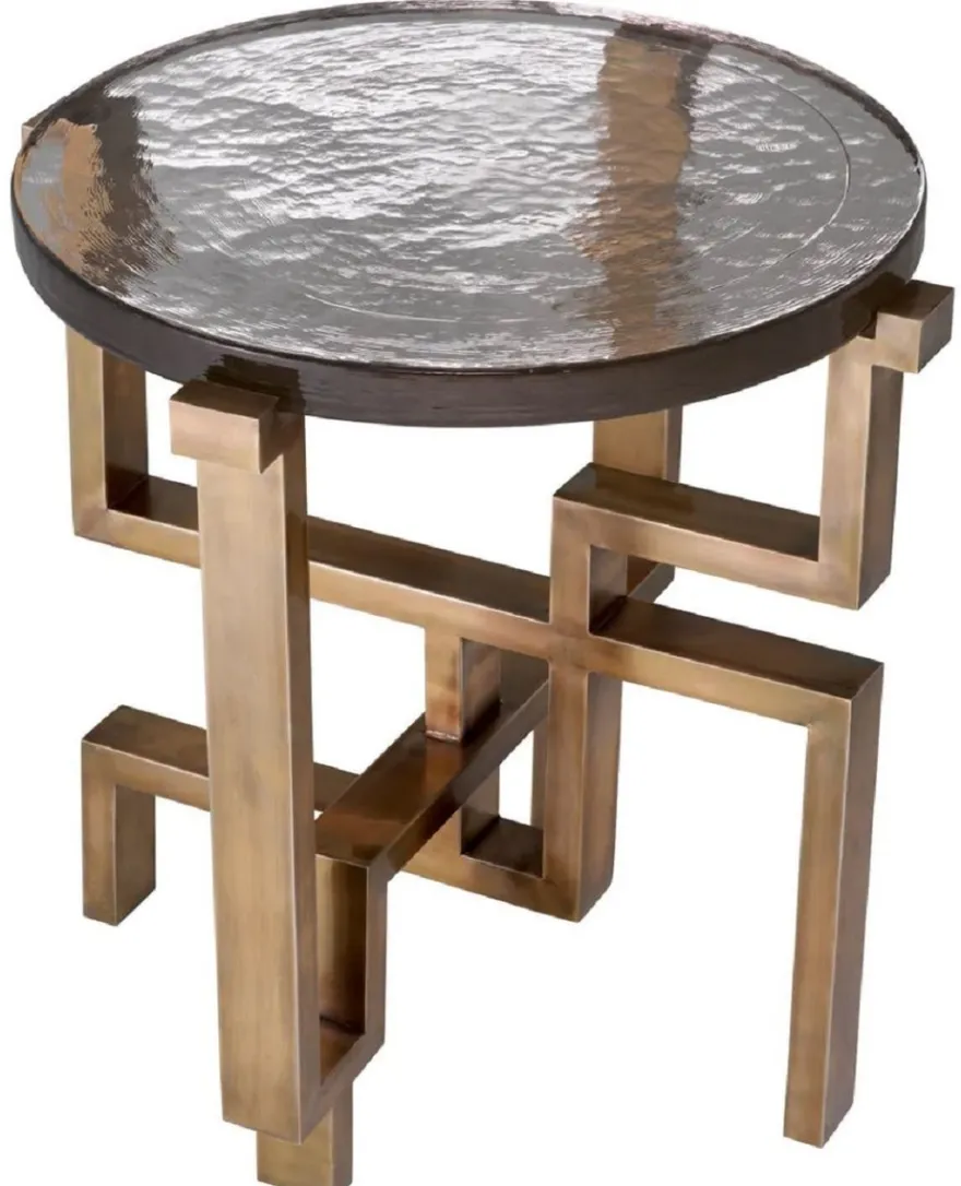 Casa Padrino Luxus Beistelltisch Vintage Messing Ø 57 x H. 56 cm - Runder Edelstahl Tisch mit Glasplatte - Luxus Möbel - Wohnzimmer Möbel - Luxus Einrichtung - Wohnzimmer Einrichtung