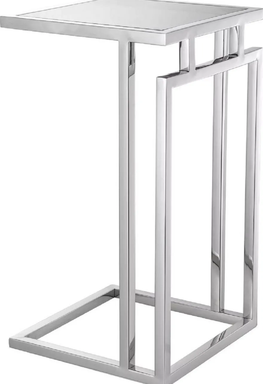 Casa Padrino Luxus Beistelltisch Silber / Grau 33 x 33 x H. 60 cm - Edelstahl Tisch mit Glasplatte - Wohnzimmer Möbel - Luxus Möbel - Luxus Einrichtung - Luxus Interior