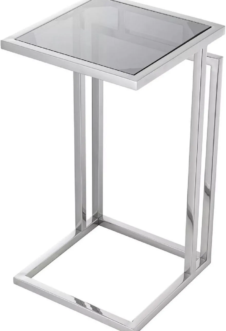 Casa Padrino Luxus Beistelltisch Silber / Grau 33 x 33 x H. 60 cm - Edelstahl Tisch mit Glasplatte - Wohnzimmer Möbel - Luxus Möbel - Luxus Einrichtung - Luxus Interior