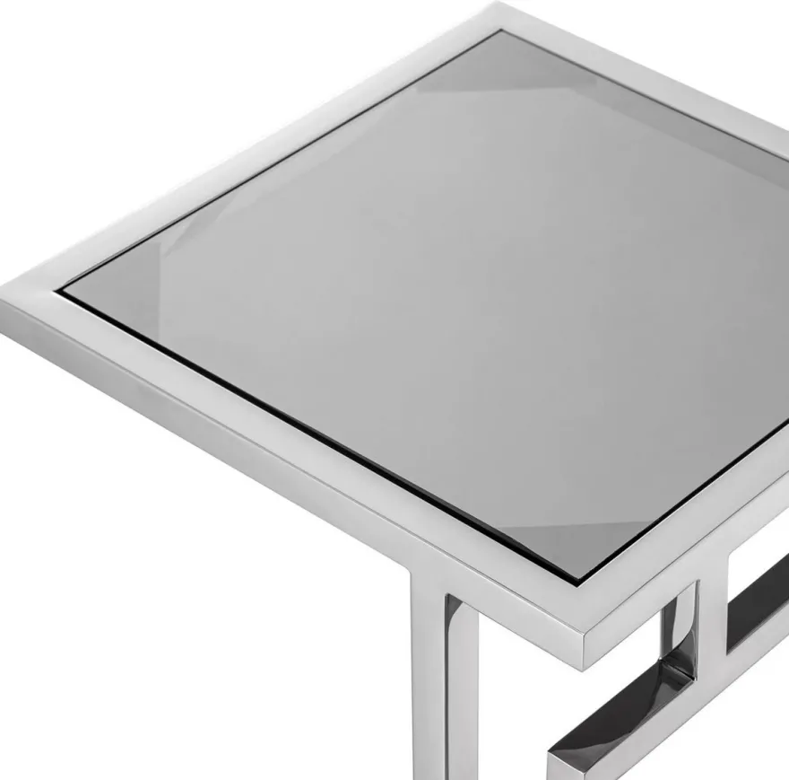 Casa Padrino Luxus Beistelltisch Silber / Grau 33 x 33 x H. 60 cm - Edelstahl Tisch mit Glasplatte - Wohnzimmer Möbel - Luxus Möbel - Luxus Einrichtung - Luxus Interior