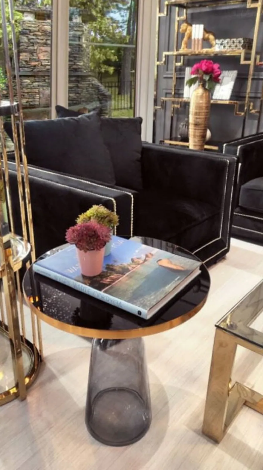 Casa Padrino Luxus Beistelltisch Schwarz / Grau / Gold Ø 50 x H. 53 cm - Runder Glas Tisch - Moderne Wohnzimmer Möbel
