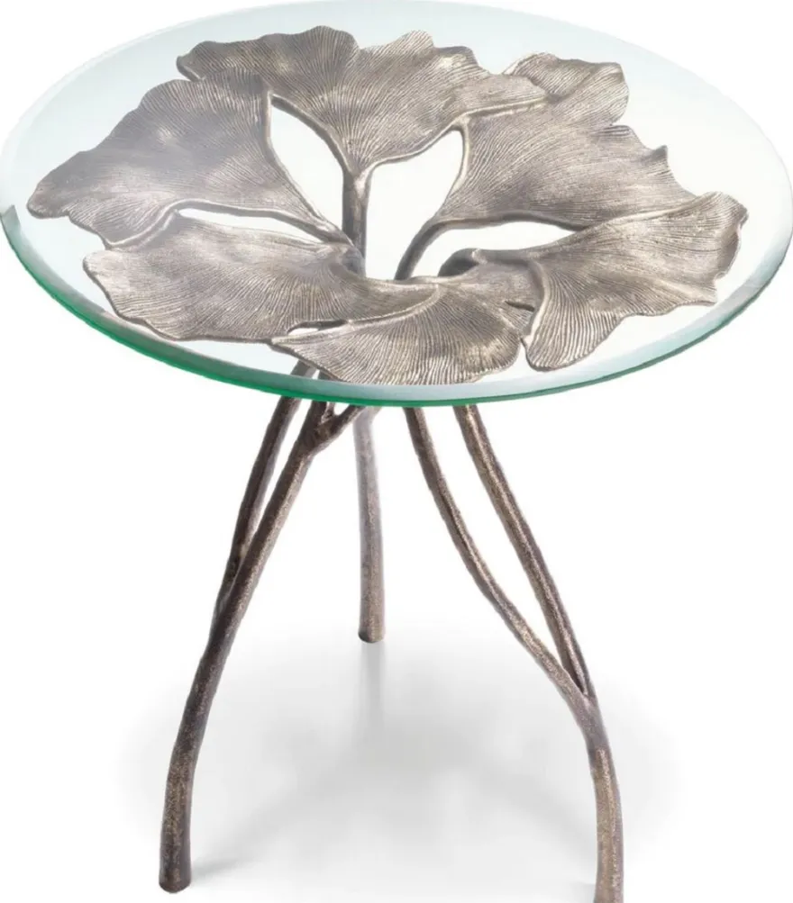 Casa Padrino Luxus Beistelltisch Vintage Messing Ø 58 x H. 56,5 cm - Runder Aluminium Tisch mit Glasplatte - Luxus Möbel - Wohnzimmer Möbel - Hotel Möbel - Luxus Einrichtung