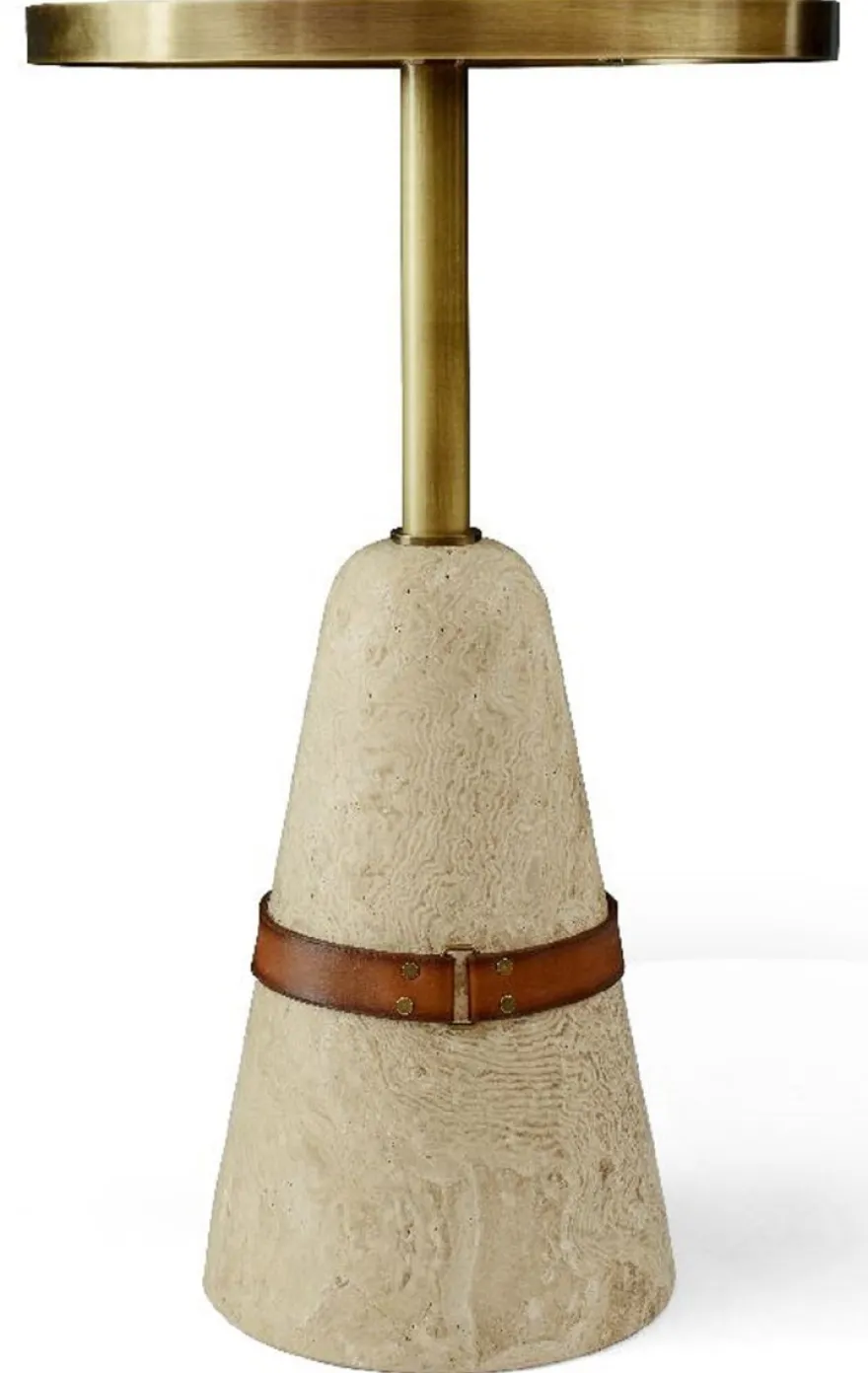 Casa Padrino Luxus Beistelltisch Braun / Messing / Beige Ø 40 x H. 74,5 cm - Runder Tisch mit Marmorfuß - Wohnzimmer Möbel - Luxus Möbel