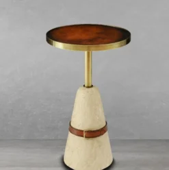 Casa Padrino Luxus Beistelltisch Braun / Messing / Beige Ø 40 x H. 74,5 cm - Runder Tisch mit Marmorfuß - Wohnzimmer Möbel - Luxus Möbel