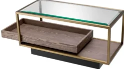 Casa Padrino Luxus Beistelltisch Messing / Grau / Schwarz 90 x 42 x H. 44 cm - Rechteckiger Wohnzimmer Tisch mit Glasplatte - Hotel Tisch - Wohnzimmer Möbel - Hotel Möbel - Luxus Möbel