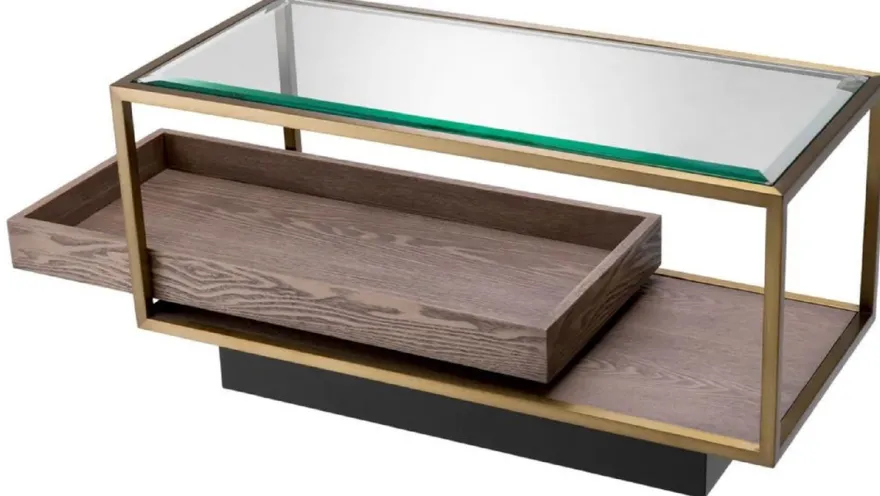 Casa Padrino Luxus Beistelltisch Messing / Grau / Schwarz 90 x 42 x H. 44 cm - Rechteckiger Wohnzimmer Tisch mit Glasplatte - Hotel Tisch - Wohnzimmer Möbel - Hotel Möbel - Luxus Möbel