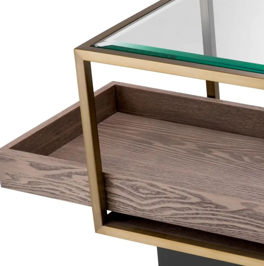 Casa Padrino Luxus Beistelltisch Messing / Grau / Schwarz 90 x 42 x H. 44 cm - Rechteckiger Wohnzimmer Tisch mit Glasplatte - Hotel Tisch - Wohnzimmer Möbel - Hotel Möbel - Luxus Möbel