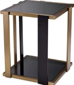 Casa Padrino Luxus Beistelltisch Messing / Schwarz / Grau 47,5 x 47,5 x H. 55,5 cm - Quadratischer Tisch mit Glasplatten - Wohnzimmer Möbel - Luxus Möbel - Luxus Qualität