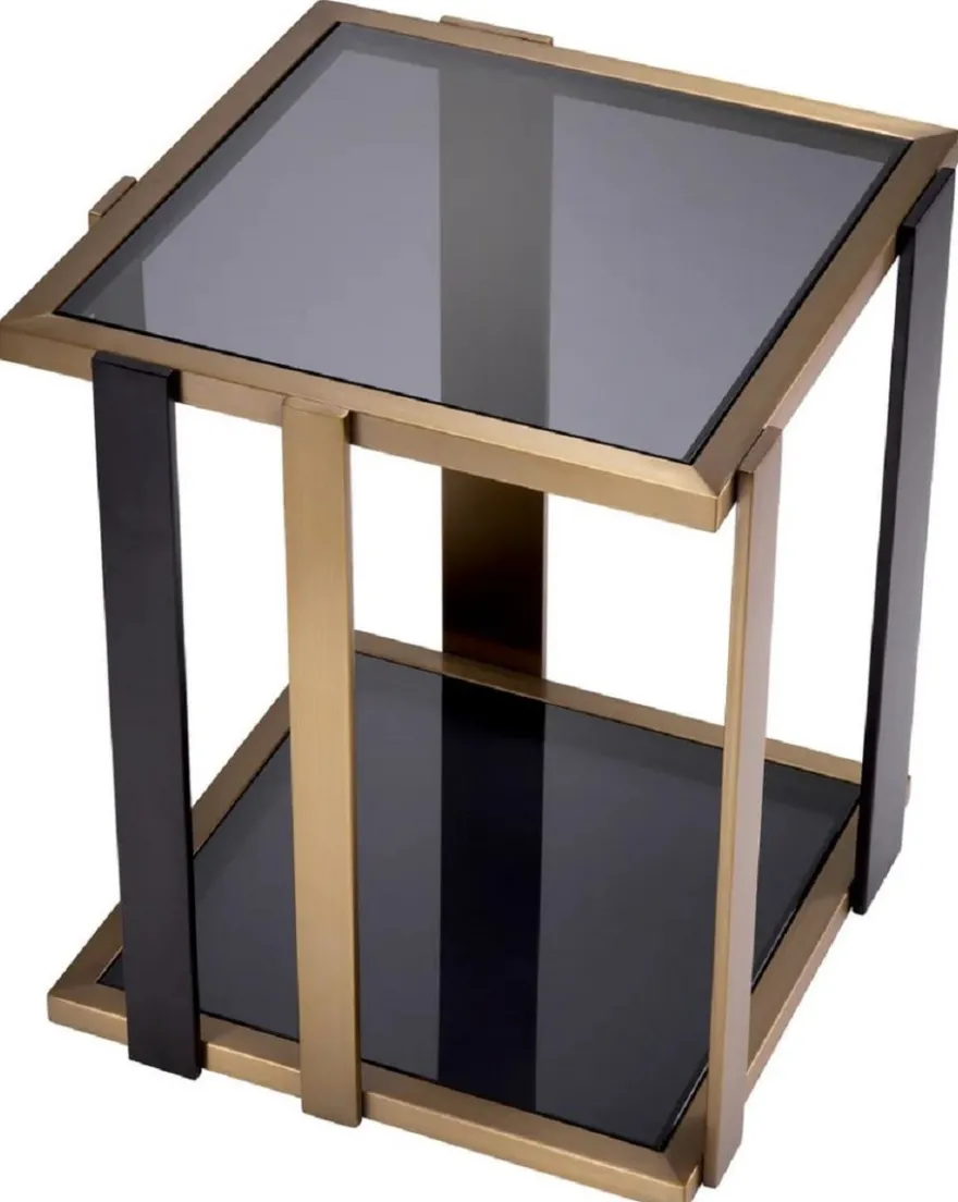 Casa Padrino Luxus Beistelltisch Messing / Schwarz / Grau 47,5 x 47,5 x H. 55,5 cm - Quadratischer Tisch mit Glasplatten - Wohnzimmer Möbel - Luxus Möbel - Luxus Qualität