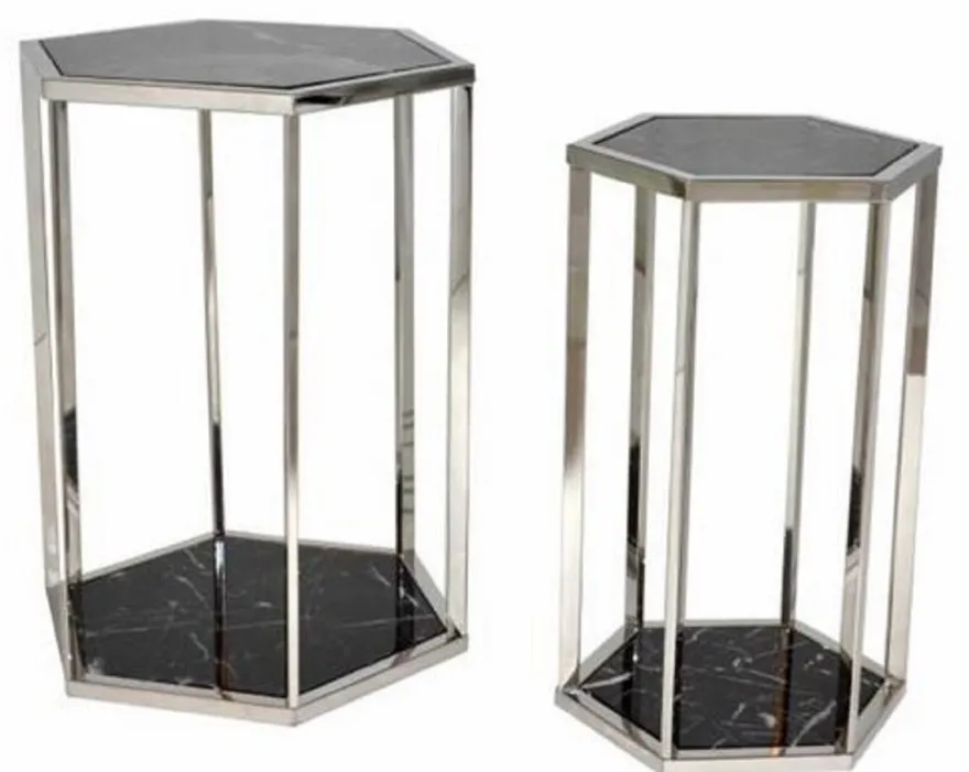 Casa Padrino Luxus Beistelltisch Set Silber / Schwarz - Edelstahl Tische mit Marmorplatten - Luxus Kollektion