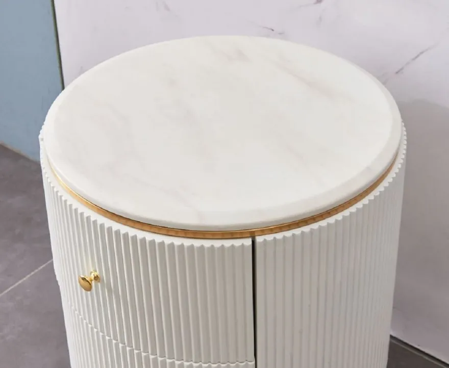 Casa Padrino Luxus Beistelltisch Weiß / Messingfarben / Gold Ø 50 x H. 58 cm - Runder Nachttisch mit 2 Schubladen - Moderne Möbel