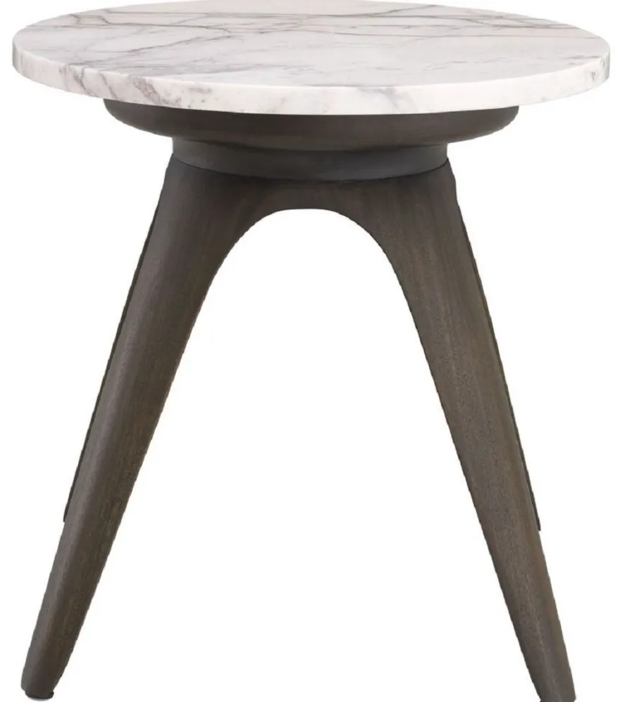 Casa Padrino Luxus Beistelltisch Mokka / Weiß-Flieder Ø 40 x H. 41 cm - Runder Mahagoni Tisch mit Marmorplatte - Wohnzimmer Möbel - Luxus Möbel