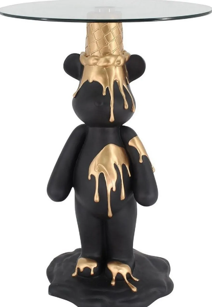 Casa Padrino Luxus Beistelltisch Bär Schwarz / Gold Ø 48,5 x H. 69 cm - Runder Kunstharz Tisch mit Glasplatte - Wohnzimmer Möbel - Luxus Möbel - Luxus Einrichtung - Wohnzimmer Einrichtung