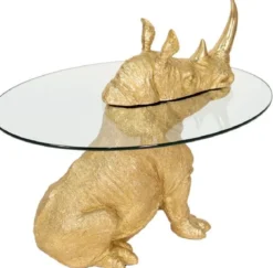 Casa Padrino Luxus Beistelltisch Nashorn Gold Ø 65 x H. 55 cm - Runder Kunstharz Tisch mit Glasplatte - Wohnzimmer Möbel - Luxus Möbel - Luxus Einrichtung - Wohnzimmer Einrichtung
