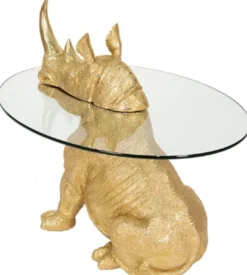 Casa Padrino Luxus Beistelltisch Nashorn Gold Ø 65 x H. 55 cm - Runder Kunstharz Tisch mit Glasplatte - Wohnzimmer Möbel - Luxus Möbel - Luxus Einrichtung - Wohnzimmer Einrichtung
