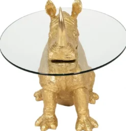 Casa Padrino Luxus Beistelltisch Nashorn Gold Ø 65 x H. 55 cm - Runder Kunstharz Tisch mit Glasplatte - Wohnzimmer Möbel - Luxus Möbel - Luxus Einrichtung - Wohnzimmer Einrichtung