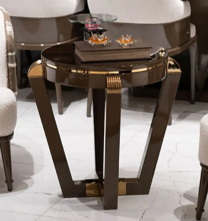 Casa Padrino Luxus Beistelltisch Braun / Gold - Runder Massivholz Beistelltisch - Wohnzimmer Möbel - Hotel Möbel - Luxus Möbel