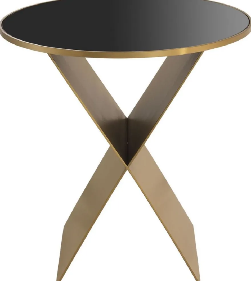 Casa Padrino Luxus Beistelltisch Messingfarben / Schwarz Ø 50 x H. 50 cm - Runder Edelstahl Tisch mit Glasplatte - Wohnzimmer Möbel - Luxus Kollektion
