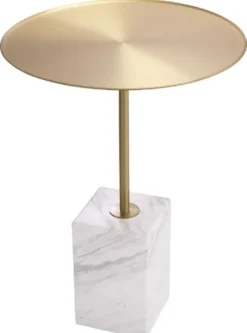 Casa Padrino Luxus Beistelltisch Messingfarben / Weiß-Grau Ø 45 x H. 62 cm - Runder Edelstahl Tisch mit Marmorsockel - Wohnzimmer Möbel - Hotel Möbel - Luxus Möbel