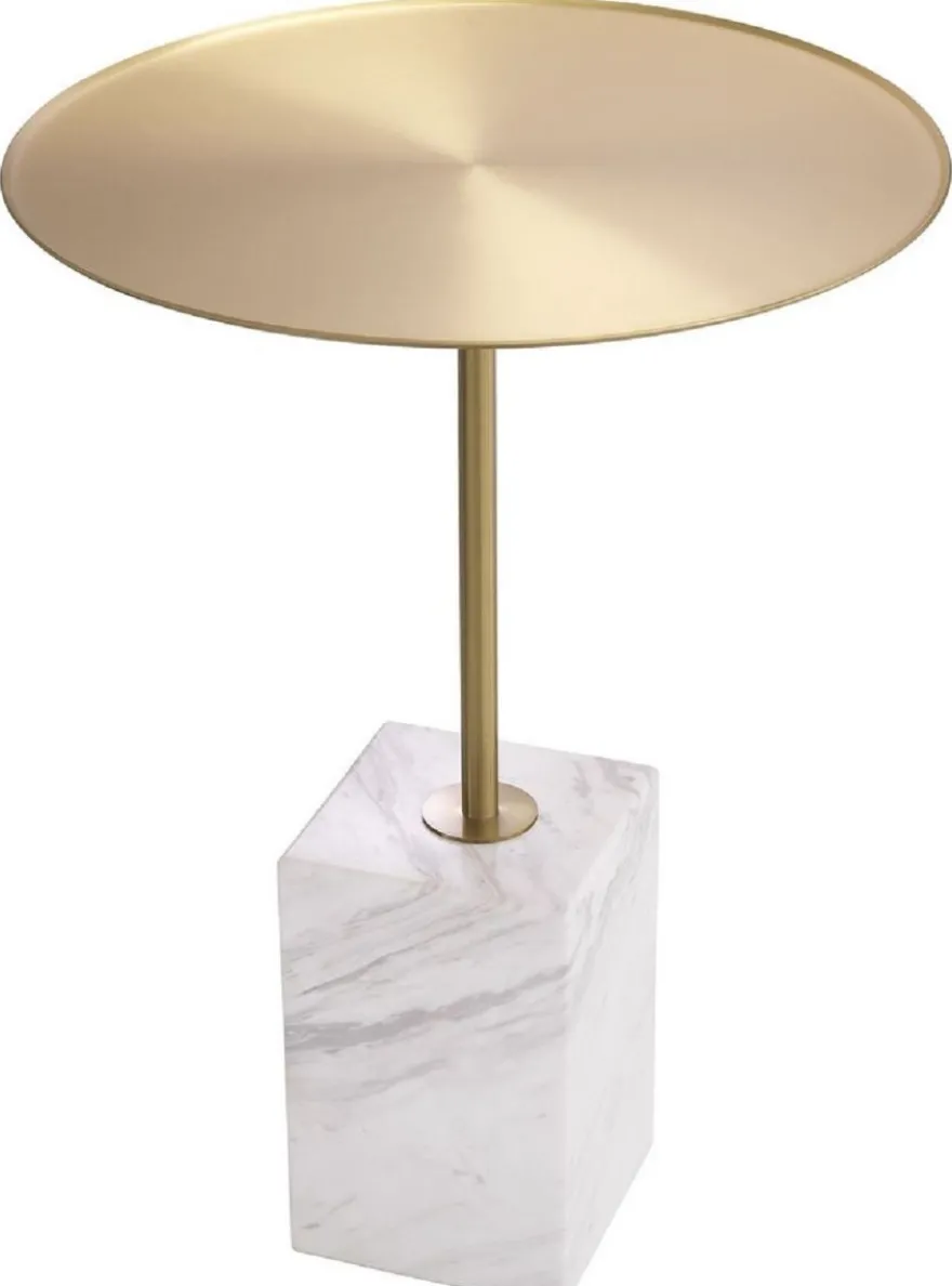 Casa Padrino Luxus Beistelltisch Messingfarben / Weiß-Grau Ø 45 x H. 62 cm - Runder Edelstahl Tisch mit Marmorsockel - Wohnzimmer Möbel - Hotel Möbel - Luxus Möbel