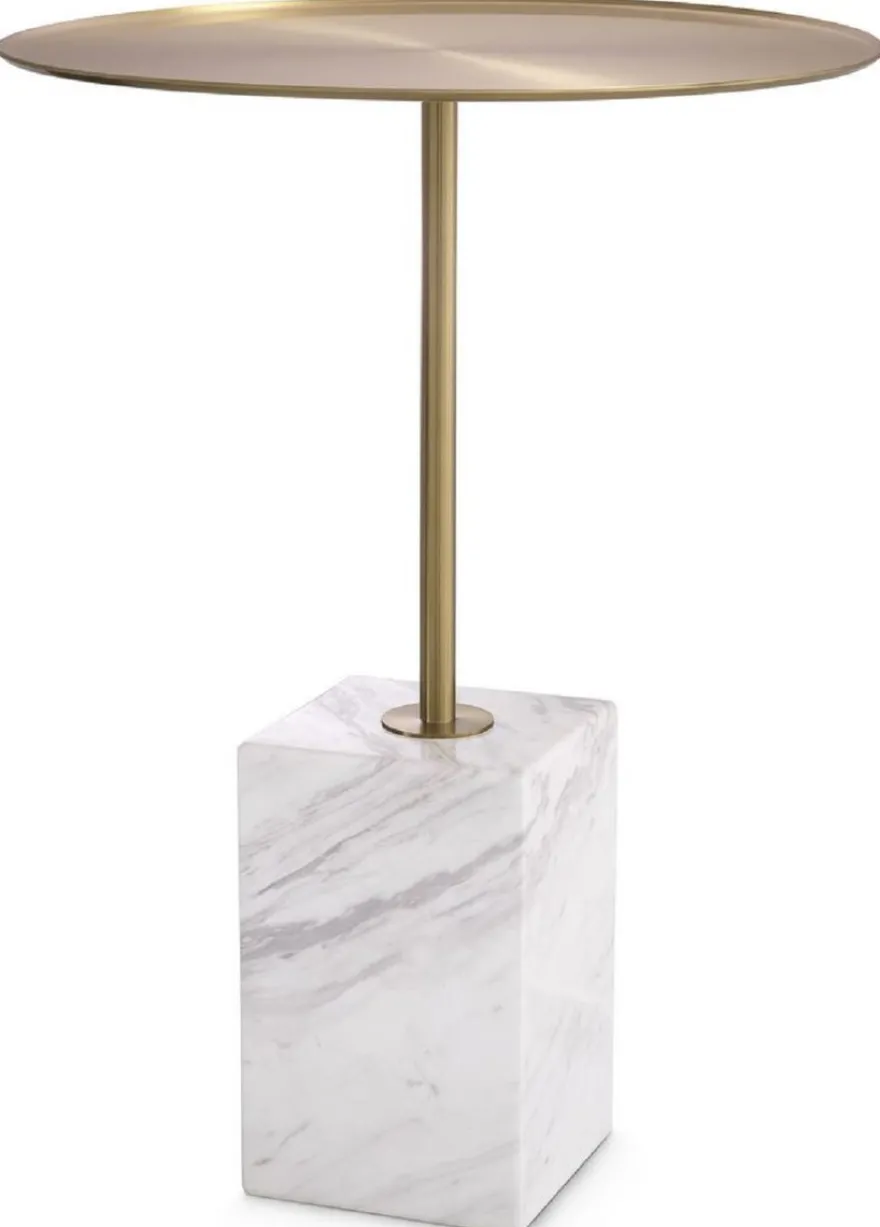 Casa Padrino Luxus Beistelltisch Messingfarben / Weiß-Grau Ø 45 x H. 62 cm - Runder Edelstahl Tisch mit Marmorsockel - Wohnzimmer Möbel - Hotel Möbel - Luxus Möbel