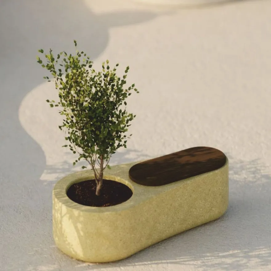 Casa Padrino Luxus Beton Gartenbank mit Blumentopf Gelb / Dunkelbraun 145 cm