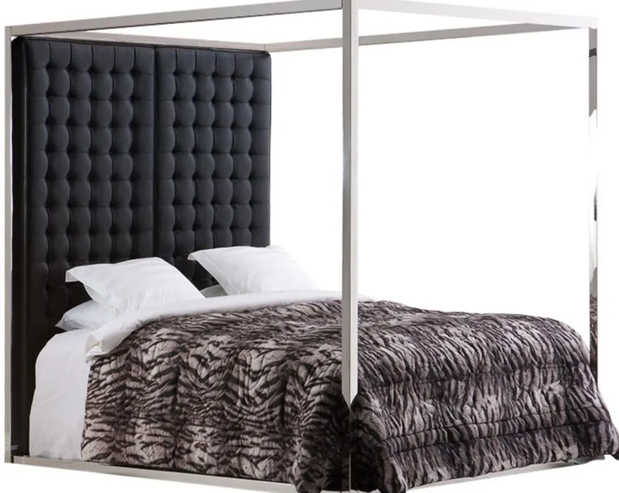 Casa Padrino Luxus Bettgestell mit Kopfteil in schwarzer Leder-Optik 190 x 220 x H. 220 cm - Designermöbel