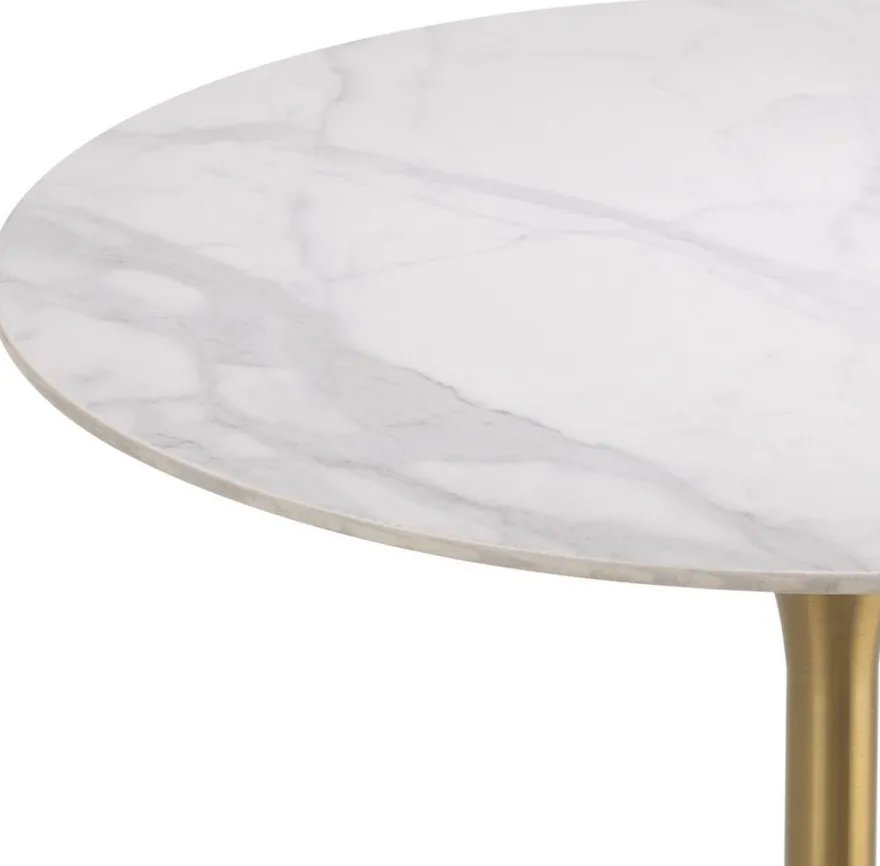 Casa Padrino Luxus Bistrotisch Weiß / Messingfarben Ø 79 x H. 106,5 cm - Moderner Stehtisch mit Marmorplatte - Runder Bartisch - Luxus Bar Möbel - Luxus Gastronomie Möbel - Luxus Qualität