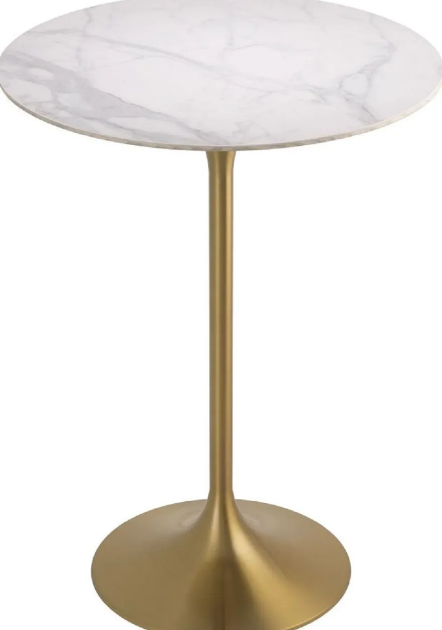 Casa Padrino Luxus Bistrotisch Weiß / Messingfarben Ø 79 x H. 106,5 cm - Moderner Stehtisch mit Marmorplatte - Runder Bartisch - Luxus Bar Möbel - Luxus Gastronomie Möbel - Luxus Qualität